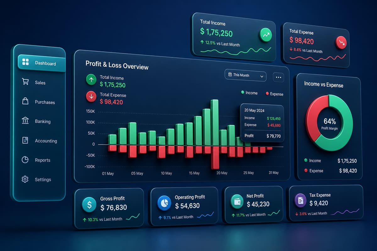 Accounting and finance dashboard with P&L charts