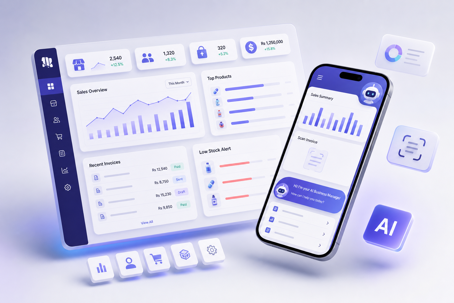 AI Manager 3D dashboard and mobile app