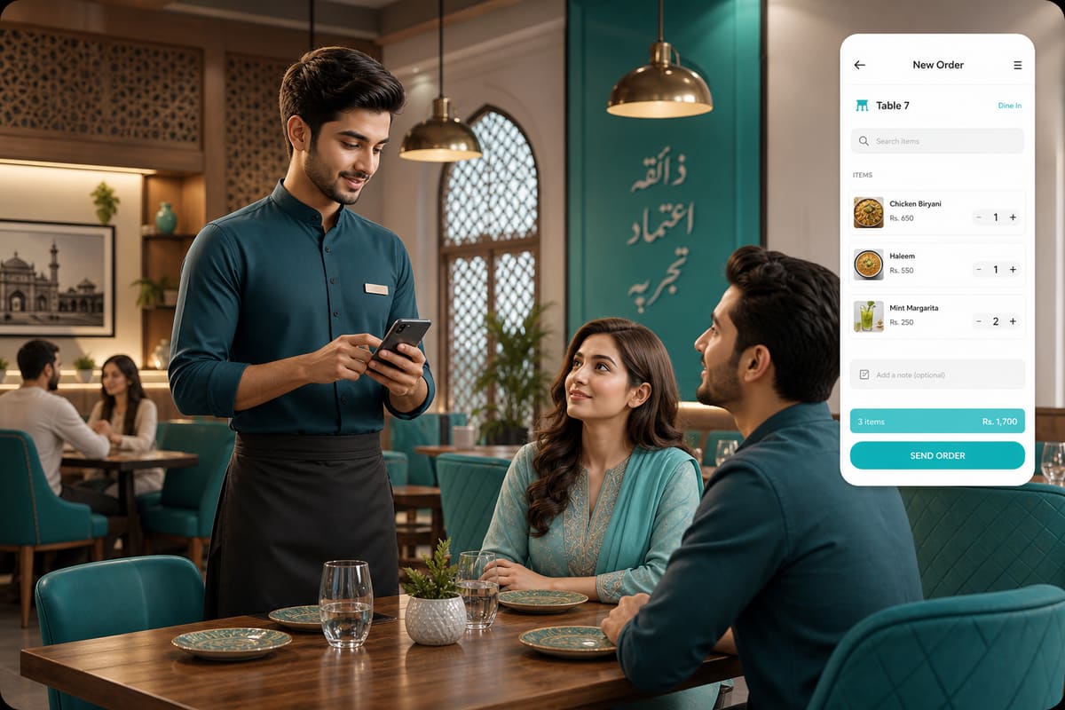 Waiter taking orders on mobile PWA without notepad